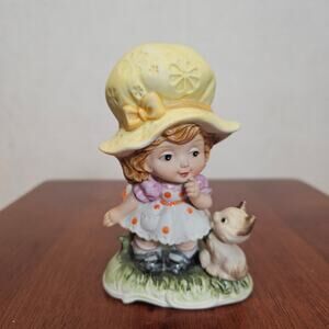 Vintage Porcelain Girl With Bonnet Holding Kitten Siamese Cat